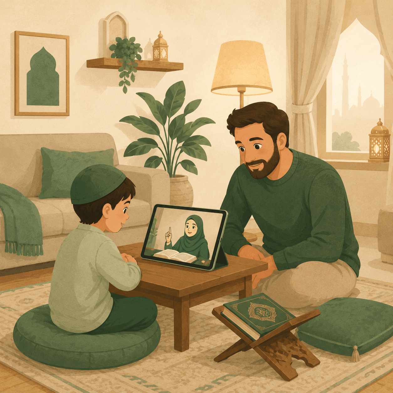 Ilustracija: dječak na online času Kur’ana u dnevnoj sobi, otac sjedi uz njega
